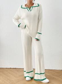 Chiquease Áo len dài tay cổ màu tương phản và quần dệt kim cho nữ, trang phục thường ngày, mùa thu đông - Màu be - Xem 5