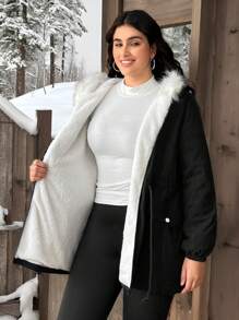 SHEIN EZwear Plus Size Women Black Thicken Fleece Cinched Waist Slim Fit Mid-Length Coat For Winter Thermal