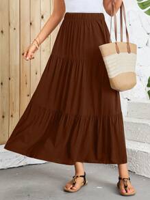 EMERY ROSE Women's Solid Color Minimalist Pleated Skirt, Casual Vacation - Brown - View 5