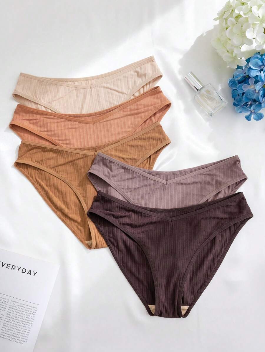 5 条装 女士纯色 V 型腰罗纹休闲内裤