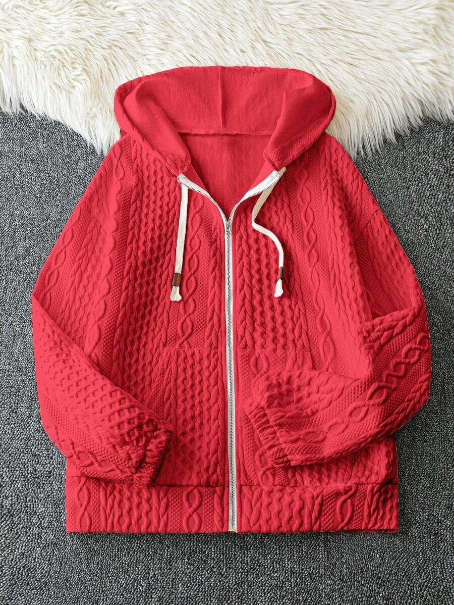 SHEIN LUNE Red Long Sleeve Hooded Sweatshirt With Pockets, Textured Pattern, For Autumn & Winter Fall Sweatshirt - Red - View 1