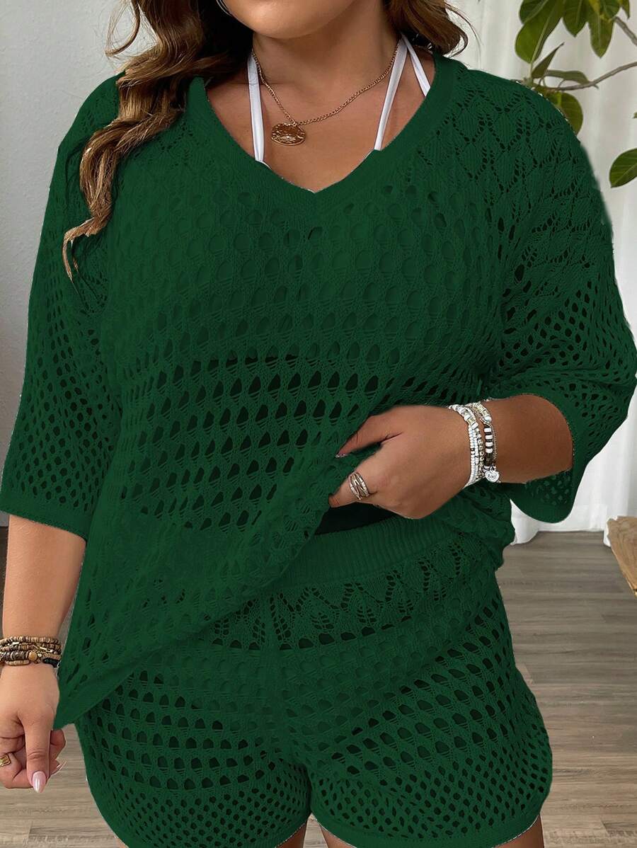 SHEIN LUNE Plus Size Plain V-Neck Short Sleeve Top And Shorts Knitted Casual 2-Piece Set