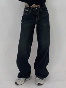 DAZY 女士休闲洗水直筒宽松牛仔裤 - 藍色 - 查看 3