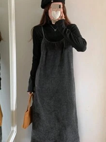 DAZY 1pc Women's Solid Color Spaghetti Strap Dress, Summer Fall,Winter - Grey - View 3