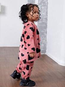 SHEIN 3 peças Conjunto de Jaqueta e Calça de Padrão de Coração Fofinho e Médio Comprimento para Bebê Menina, Outono/Inverno - Vermelho - Visão 7
