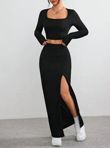 SHEIN EZwear 2 bộ đồ thường ngày cho nữ mùa xuân và mùa hè màu trơn cổ vuông dài tay áo crop top và chân váy xẻ tà, trang phục Halloween - màu đen - Xem 5