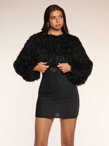 Glamine Fashionable Solid Color Fuzzy Cropped Jacket, Autumn Fall Cloth For Women - Black - View 4