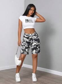 SHEIN SXY Camouflage denim shorts met knoopsluiting aan de voorkant, casual dagelijkse kleding