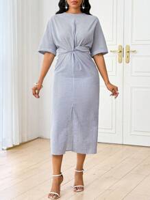 SHEIN Lady 秋冬假日连衣裙休闲优雅工作侧条纹单件袖女装