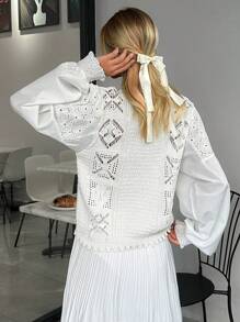 EURMUSE Casual Cute Texture Knit Hollow Out Crew Neck Cardigan Combined With Shiffli Embroidery Balloon Sleeve - White - View 4