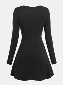 SHEIN Girlism Teen Girls Black Square Neck Ruched Bust Ribbed Flared A-Line Versatile Mini Dress - Black - View 2