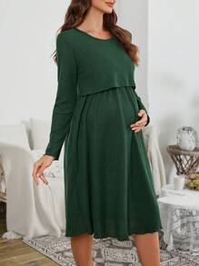 纯色哺乳友好型长袖孕妇家居服秋季女装 - 軍綠色 - 查看 4