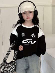 Dazy Kids Young Girl Crew Neck Knit Thermal Lined Colorblock Sweatshirt, Fall - Black and White - View 4