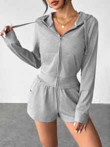 SHEIN PETITE 休闲街头风格灰色连帽短款上衣和紧身短裤两件套带前拉链 - Z - 灰色 - 查看 5
