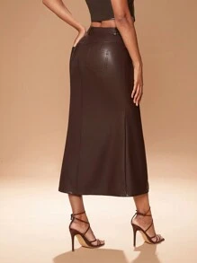 Hauture PU 皮革开衩下摆喇叭形美人鱼裙 - 咖啡棕 - 查看 3