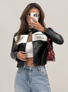 SHEIN EZwear Zipper Front Long Sleeve Solid Color Patchwork Casual PU Biker Jacket In Fall/Winter - Black and White - View 5