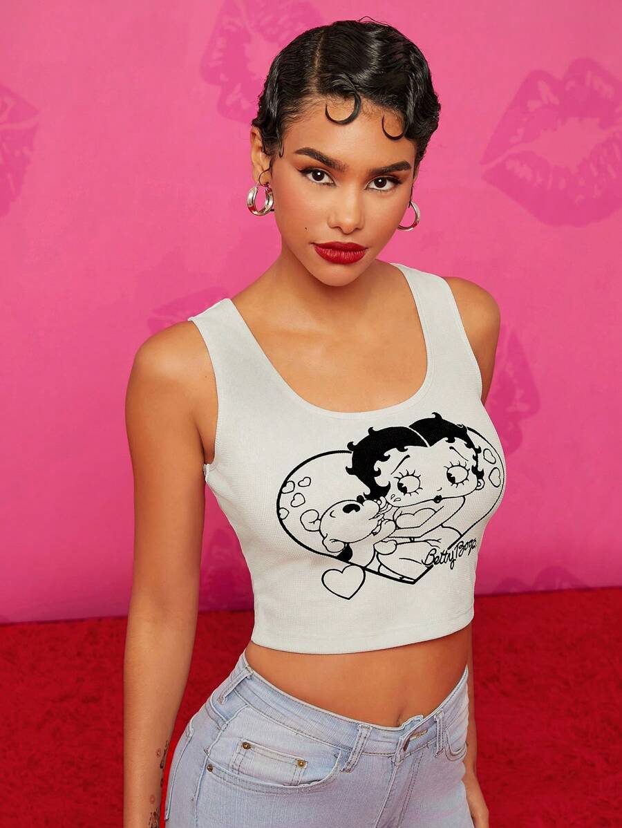 Betty Boop x SHEIN Ladies Casual Cartoon Print Slim Fit White Crop Tank Top , Summer - Apricot - View 1
