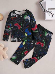 2pcs Young Boy Glow-In-The-Dark Game Printed Long Sleeve Top & Pants Casual Loungewear Pajama Set - Black - View 4
