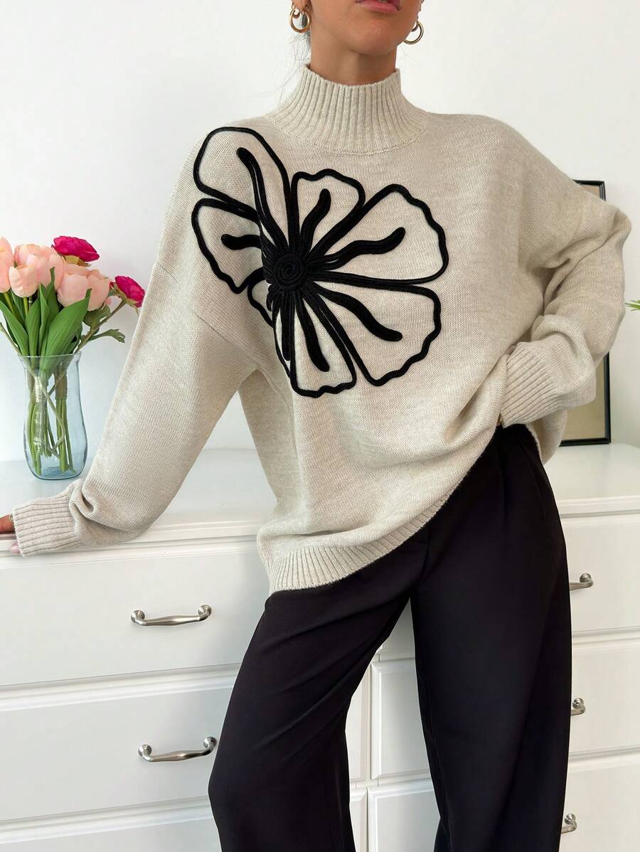 EURMUSE Women Mock Neck Flower Accessory Detailed Drop Shoulder Pullover - Beige - View 1