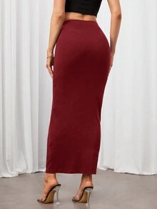 SHEIN Tall 纯色铅笔黑色修身半身裙 - 酒紅色 - 查看 2