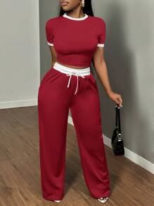 SHEIN SXY 2pcs Women's Summer Casual Ribbed Crew Neck Short Sleeve Slim T-Shirt And Tie Waist Pants Set - Red - View 3