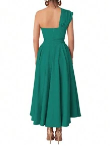 Women Summer Solid Color Sleeveless Slit Hem Dress, Elegant - Green - View 2