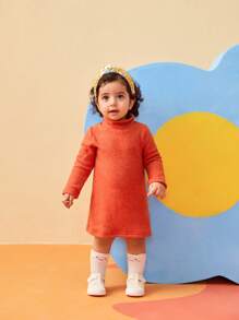 SHEIN Baby Girl High Neck Solid Color Dress Suitable For Outings, Autumn & Winter Fall Clothes - Orange - View 3