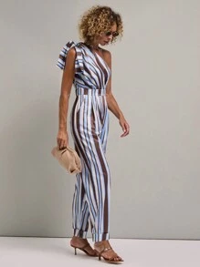 SHEIN Unity Women's Striped Print Asymmetric Collar Sleeveless Jumpsuit - Multicolor - View 5