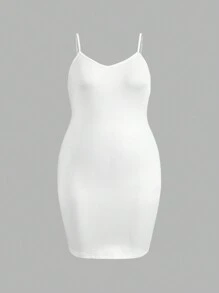 SHEIN EZwear CURVE 2 chiếc/bộ cho nữ cỡ lớn màu trơn cổ tròn tay ngắn lưới rộng rãi thường ngày & váy yếm màu trơn - trắng - Xem 3