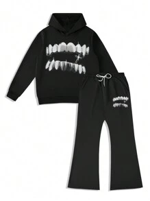 Manfinity Roghcode Men's Casual Teeth Print Hoodie Sweatshirt & Sweatpants Set, Spring & Autumn