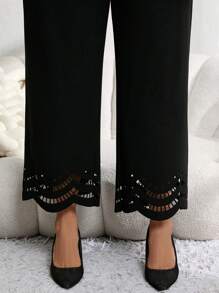 EMERY ROSE 大码女式高腰优雅直筒黑色提花裤，秋季女装 - 黑色 - 查看 4