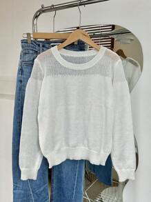 Chiquease Suéter sencillo de cuello redondo de manga larga y unicolor para mujer, uso diario casual - Beis - Ver 1