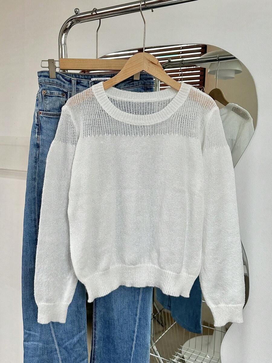 Chiquease Suéter sencillo de cuello redondo de manga larga y unicolor para mujer, uso diario casual - Beis - Ver 1