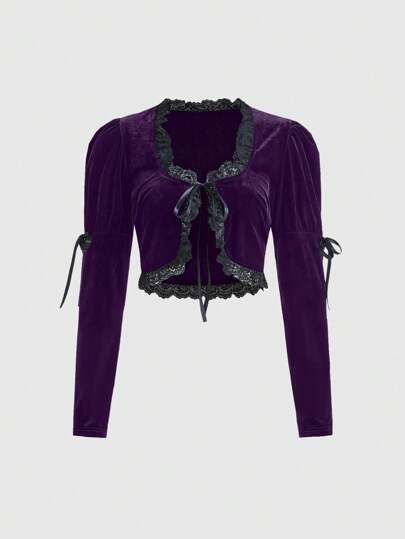 Goth Blouse à manches longues avec contraste de dentelle, avec nœud à l'avant, décontractée pour les vacances