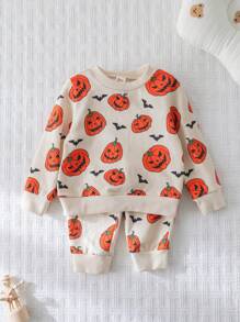 Cozy Pixies 2 pezzi Set di felpa con cappuccio e pantaloni in maglia morbida con stampa di pipistrelli e zucche di Ognissanti per bambini maschi