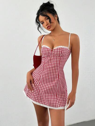 Aloruh Women's Plaid Print Lace Trim Cami Bodycon Mini A-Line Dress For Christmas