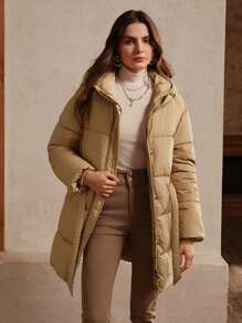 Anewsta Women's Elegant Solid Color Long Padded Coat, Fall/Winter - Khaki - View 1