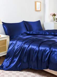 3pcs Premium Navy Blue Color Silky Satin Duvet Cover Bedding Set, Soft Breatheable Wrink-Free Better For Sleep, Luxury Hotel Style, Gift For Mom Dad Friend, Quilt Comforter Duvet Cover*1 Pillowcase*2 King Queen Full Twin Size Domitory Bedding Back School Bedding - Navy Blue - View 2