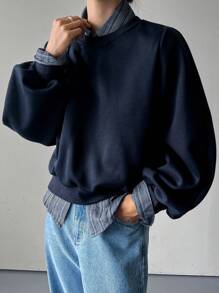 DAZY 女式纯色圆领长袖宽松休闲羊毛运动衫秋冬季 - 藏蓝色 - 查看 6