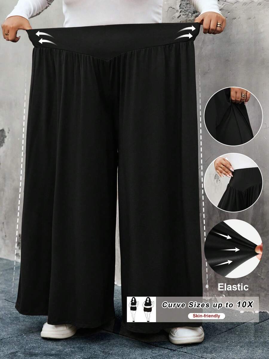 SHEIN CURVE+ 大码女式高腰针织休闲宽松阔腿裤 - 黑色 - 查看 1