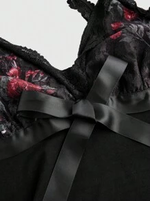 ROMWE Fairycore Women's Lace Rose Pattern Bow Tie Front Camisole Top - Black - View 3
