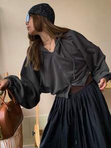 DAZY Áo hoodie trơn màu rộng rãi có khóa kéo cho nữ, mùa thu - Xám - Xem 4