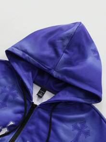 ROMWE MEN Street Life 男士前拉链长袖字母印花简约连帽运动衫，休闲日常穿着 - 藍色 - 查看 8