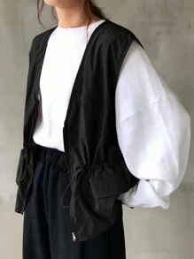 FRIFUL Women's Casual Zip-Up Waist Fitted Vest Jacket For Spring/Fall