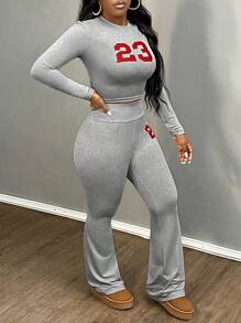 Slaydiva Bộ 2 món đơn giản, thường ngày, gồm áo croptop cổ tròn và quần ống loe in số 23, dành cho nữ. - Hồng - Xem 4