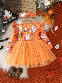 女婴 2 件套秋季万圣节圆领长袖可爱鬼魂、蜘蛛网、蝙蝠、蜡烛、星星、糖果印花荷叶边撞色网眼装饰领结连衣裙带头带，舒适甜美，秋冬新款 - 橘色 - 查看 2