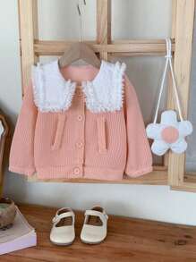 SHEIN Baby Girls' Jacquard Collared Jacquard Bomber Jacket With Handbag, Spring Autumn - Pink - View 8