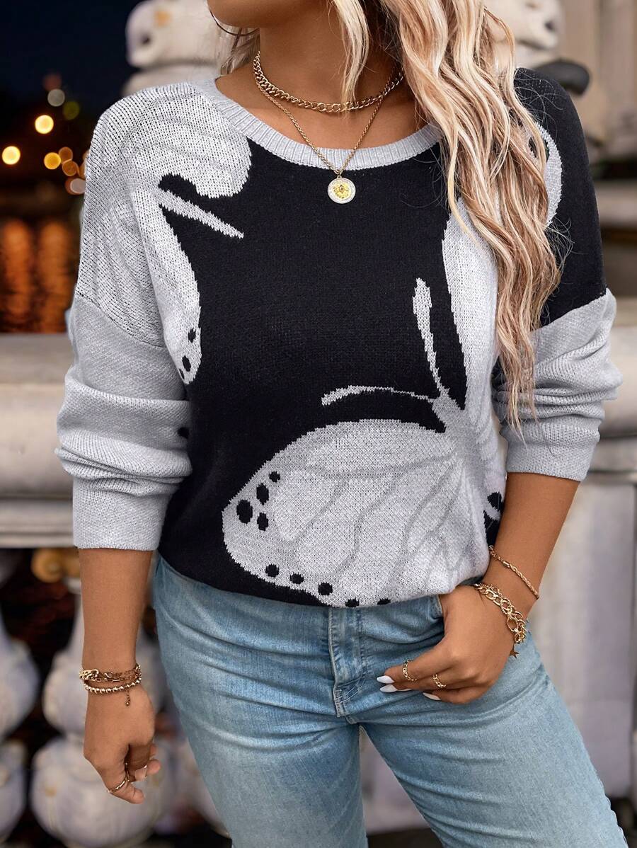 SHEIN LUNE Plus Size Women's Casual Butterfly Pattern Dropped Shoulder Long Sleeve Pullover Sweater Knit Pullover Fall Winter - Multicolor - View 1