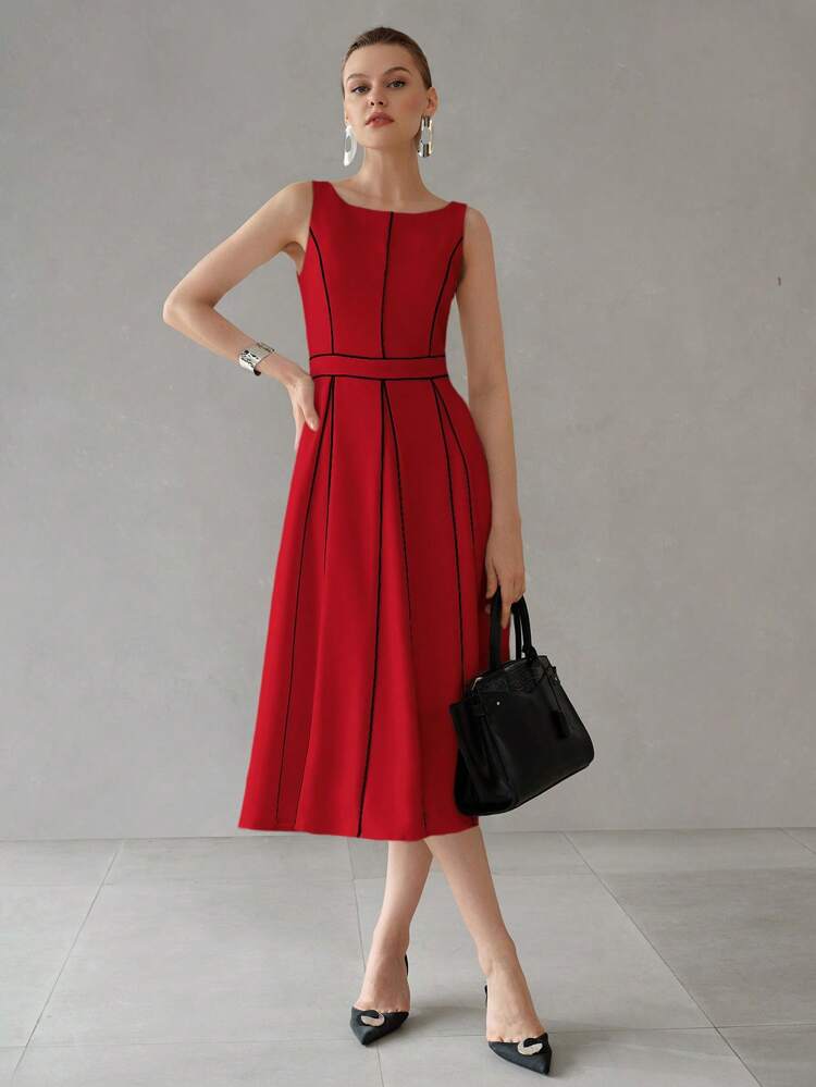 CONTRAST PIPING FOLD PLEATED MIDI DRESS