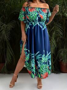 Breezaya Plus Size Off-The-Shoulder Short Sleeve Waist Slimming Floral Print Dress